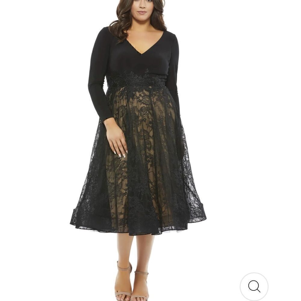 Mac Duggal 67897 women’s long sleeve jersey & lace cocktail midi dress size 18W